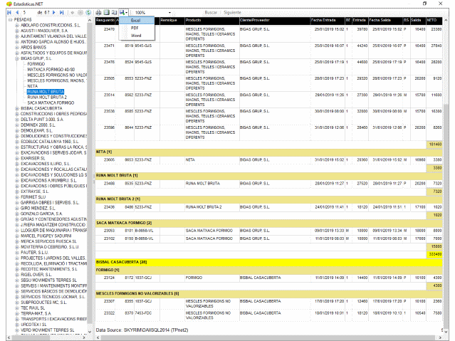 Listados estadísticos con exportación a Excel.