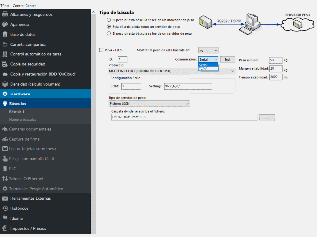 Configuración de básculas, pesa-ejes, básculas en red, sumadoras, ...